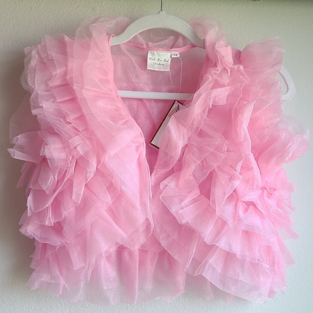 NWT- Ooh La La Couture- Girls' Pink Ruffle Bolero Top, Sz 14